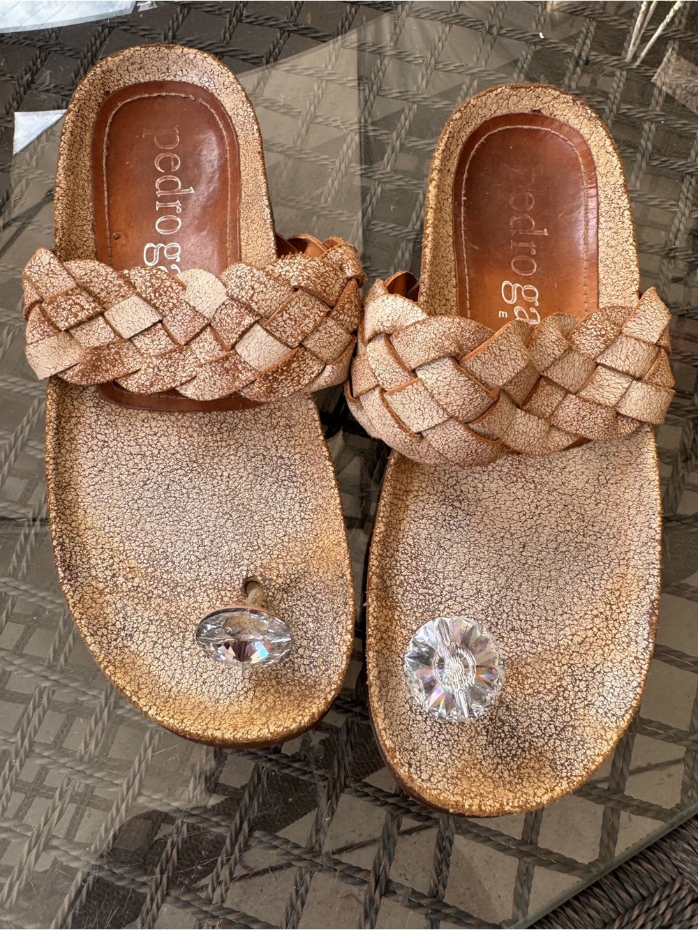Pedro Garcia Rose Gold Braided Toe-Post Slide Sandals with Crystal Accents